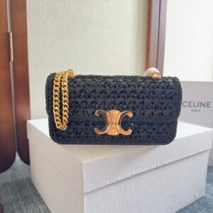 Celine Chain Shoulder Bag in Raffia Black Gold