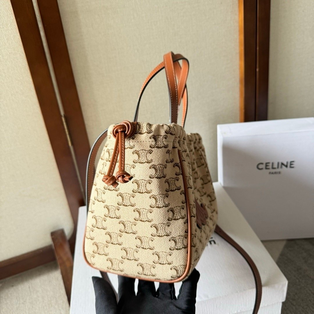 Celine Triomphe Drawstring Cabas Small Beige Brown - Afbeelding 3