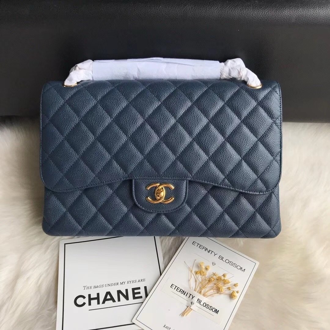 Chanel Flap Bag Navy Gold in Jumbo