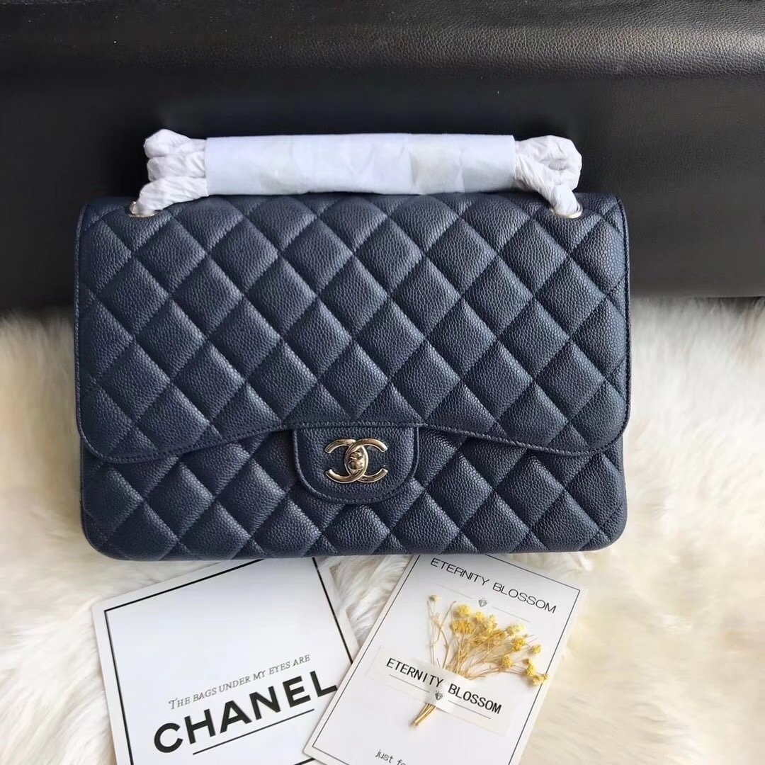 Chanel Flap Bag Navy Silver in Jumbo