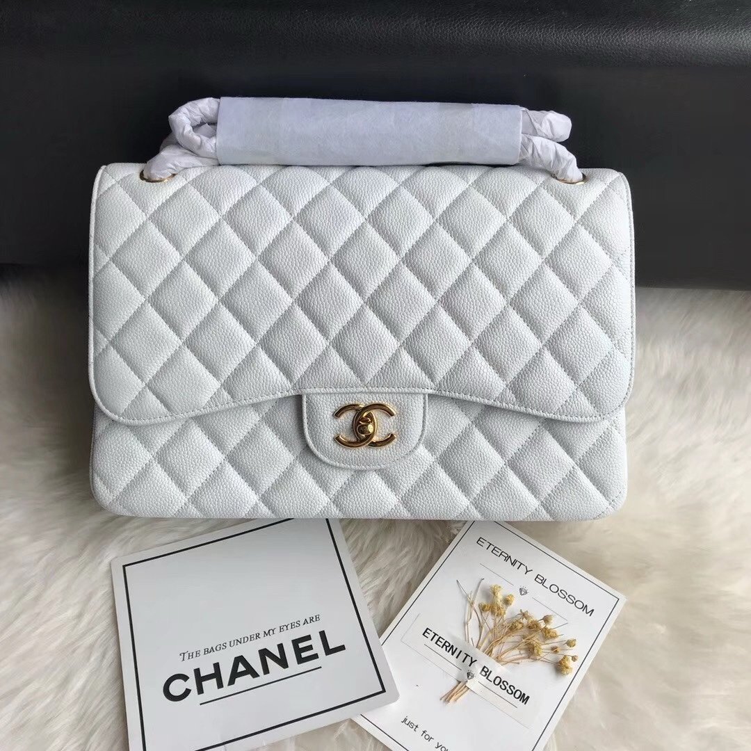 Chanel Flap Bag White Gold in Jumbo