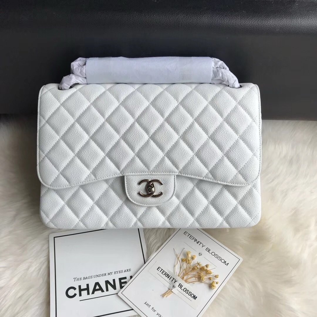 Chanel Flap Bag White Silver in Jumbo