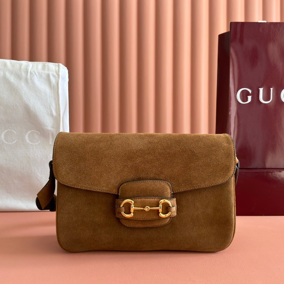 Gucci Horsebit 1955 Bag 30 in Brown Gold Suede