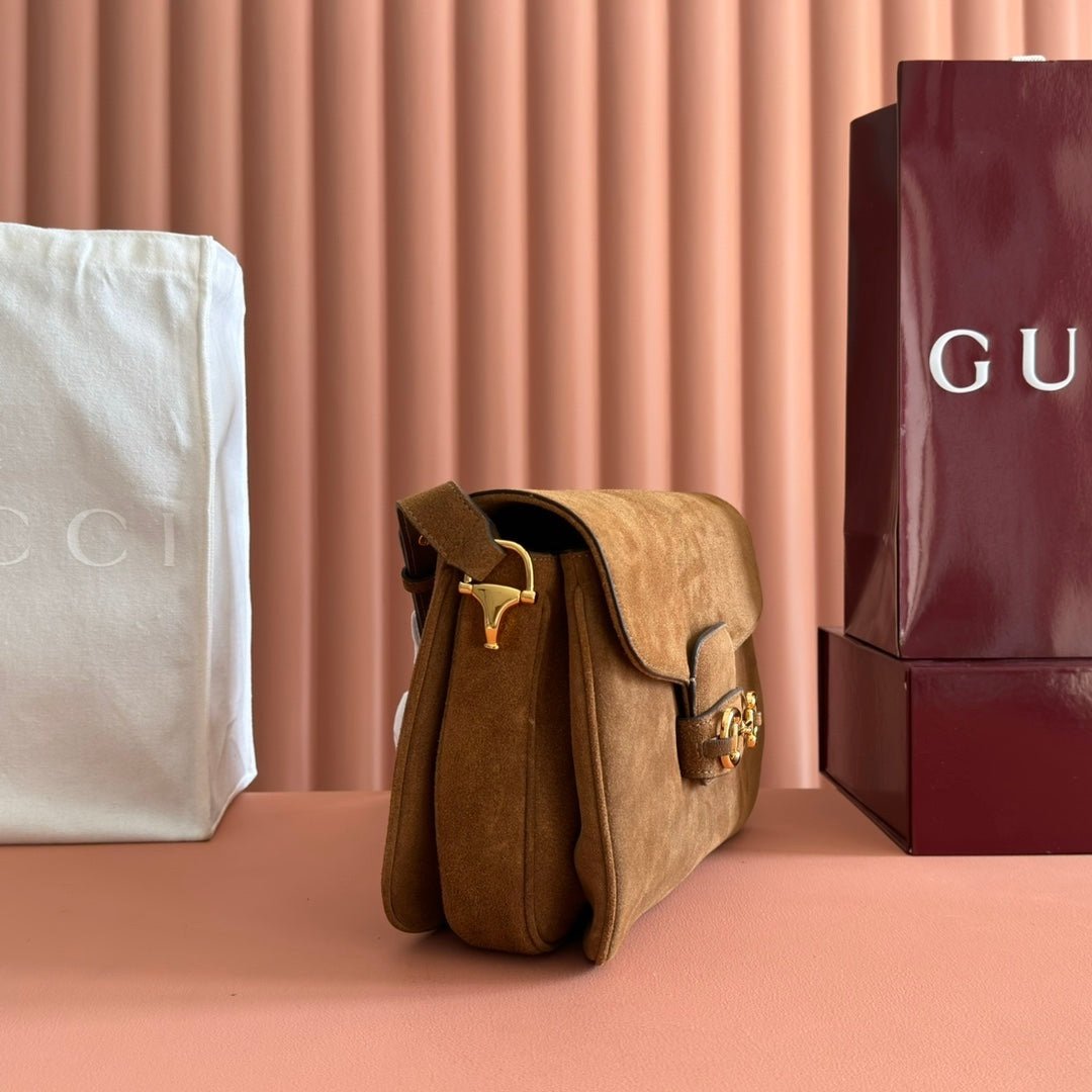 Gucci Horsebit 1955 Bag 30 in Brown Gold Suede - Afbeelding 2