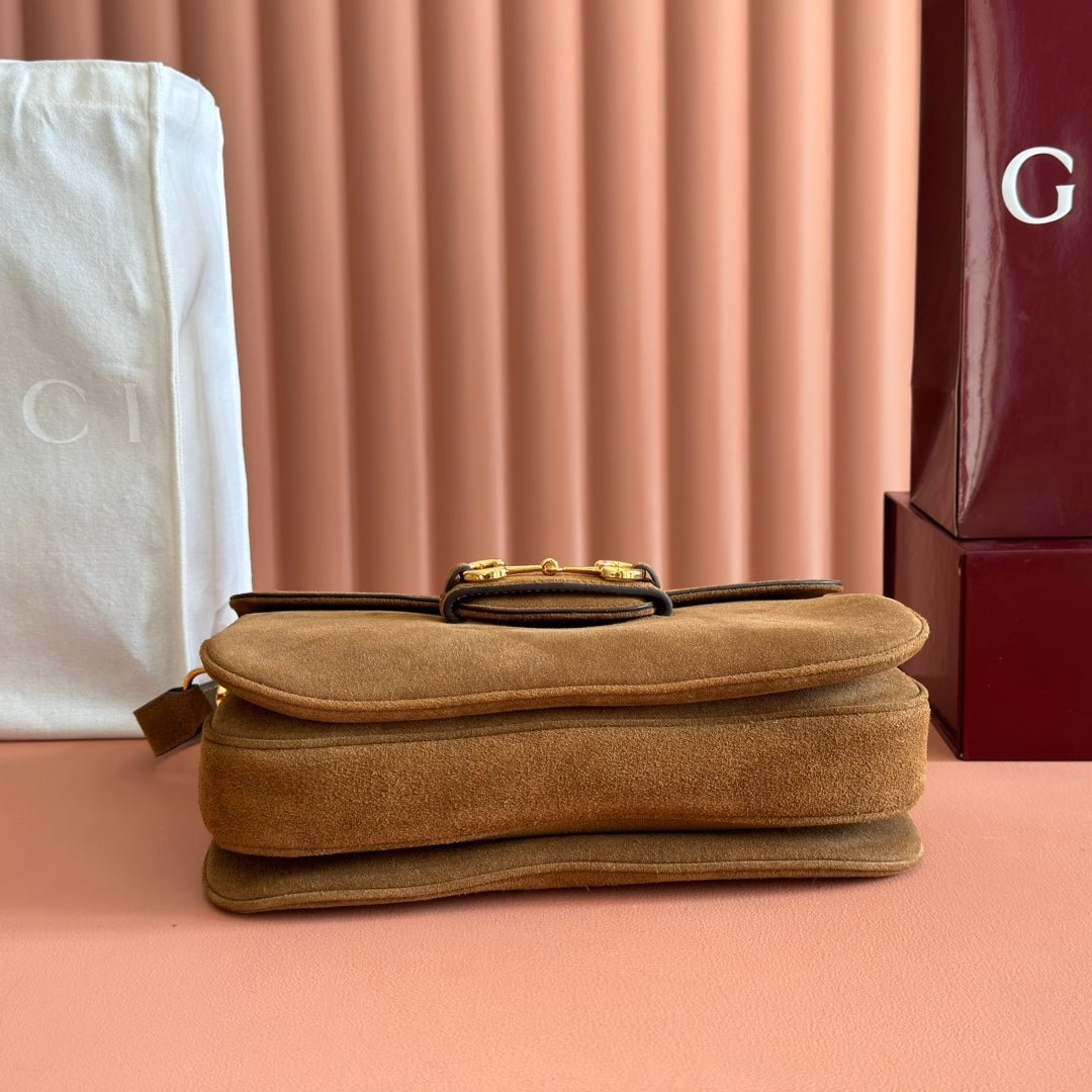 Gucci Horsebit 1955 Bag 30 in Brown Gold Suede - Afbeelding 4