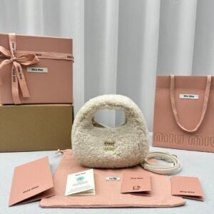 Miu Miu Small Wander Shearling Bag White Gold