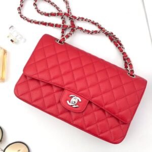 Chanel Flap Bag Caviar Red Silver in Medium