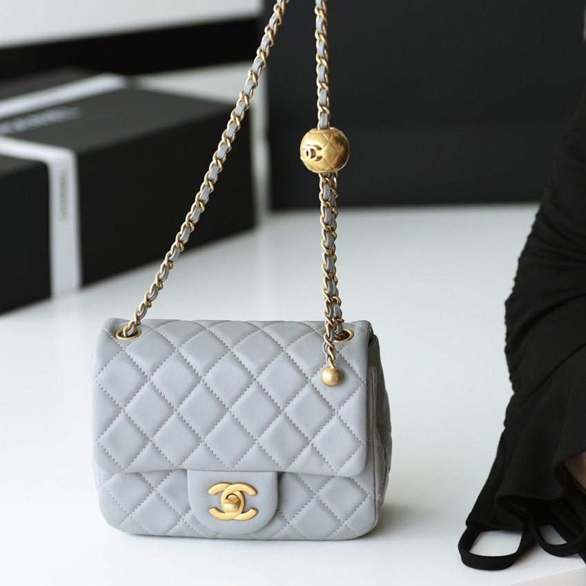 Chanel Mini Square Classic Flap Bag Grey Gold