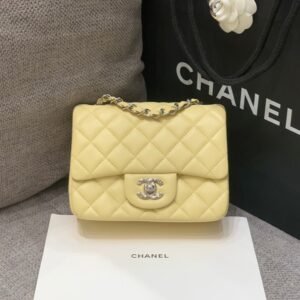 Chanel Mini Square Classic Flap Bag Yellow Silver