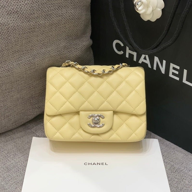 Chanel Mini Square Classic Flap Bag Yellow Silver