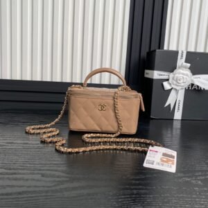 Chanel Top Handle Vanity Bag Beige Patent with Gold