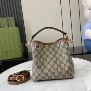 Gucci Emblem Bucket Bag in Beige and Brown