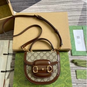 Gucci Horsebit 1955 Mini Top Handle Bag 18 in Beige and Brown