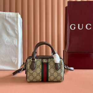 Gucci Ophidia Boston Bag in Beige Canvas and Brown
