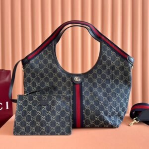Gucci Giglio Large Tote Bag in Blue Denim and Red
