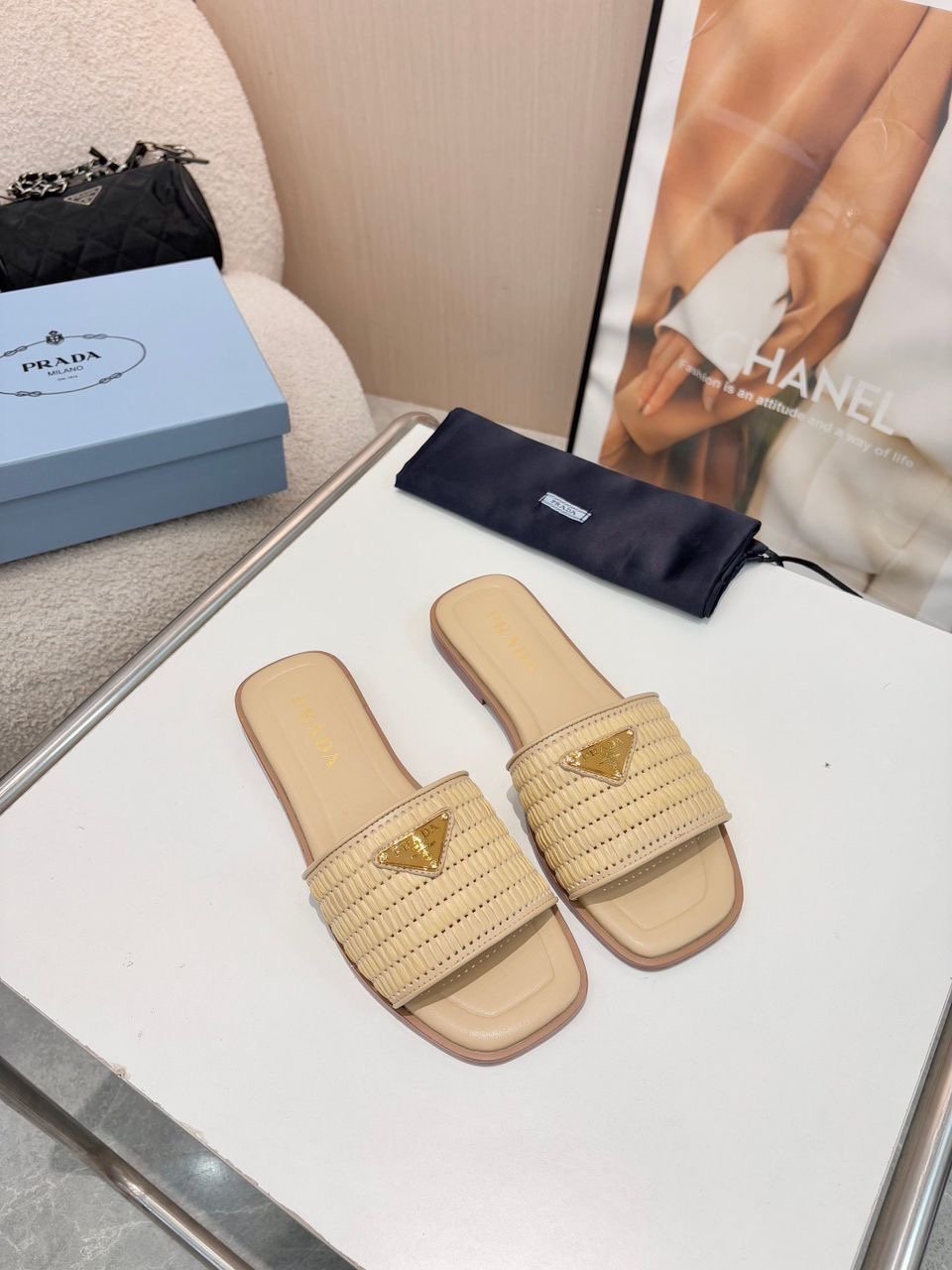 Prada Slide Sandals in Beige Gold