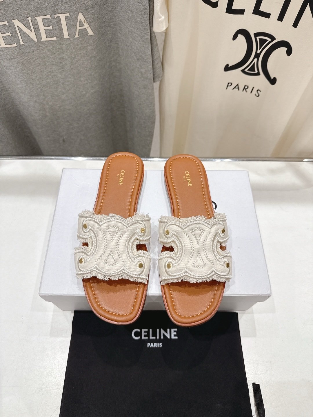 Celine Marina Slide Sandals in Beige Canvas