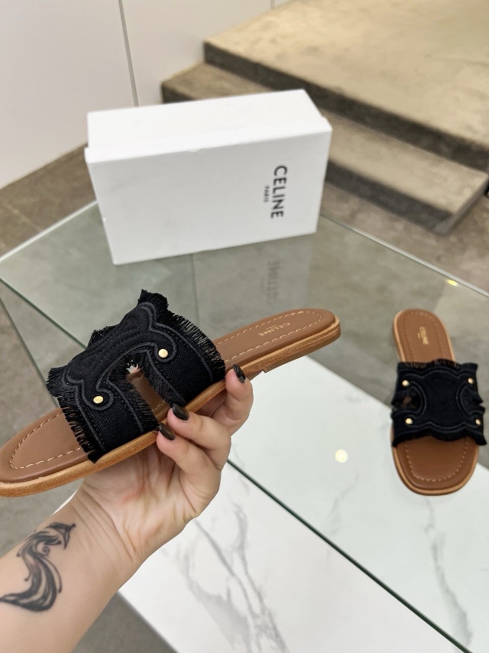 Celine Marina Slide Sandals in Black Canvas - Afbeelding 3