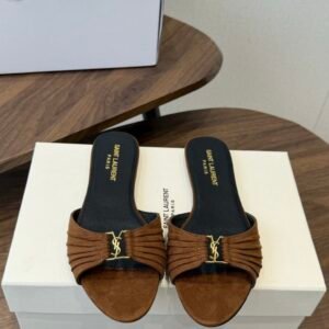 YSL Babylone Slide Sandals in Brown Suede