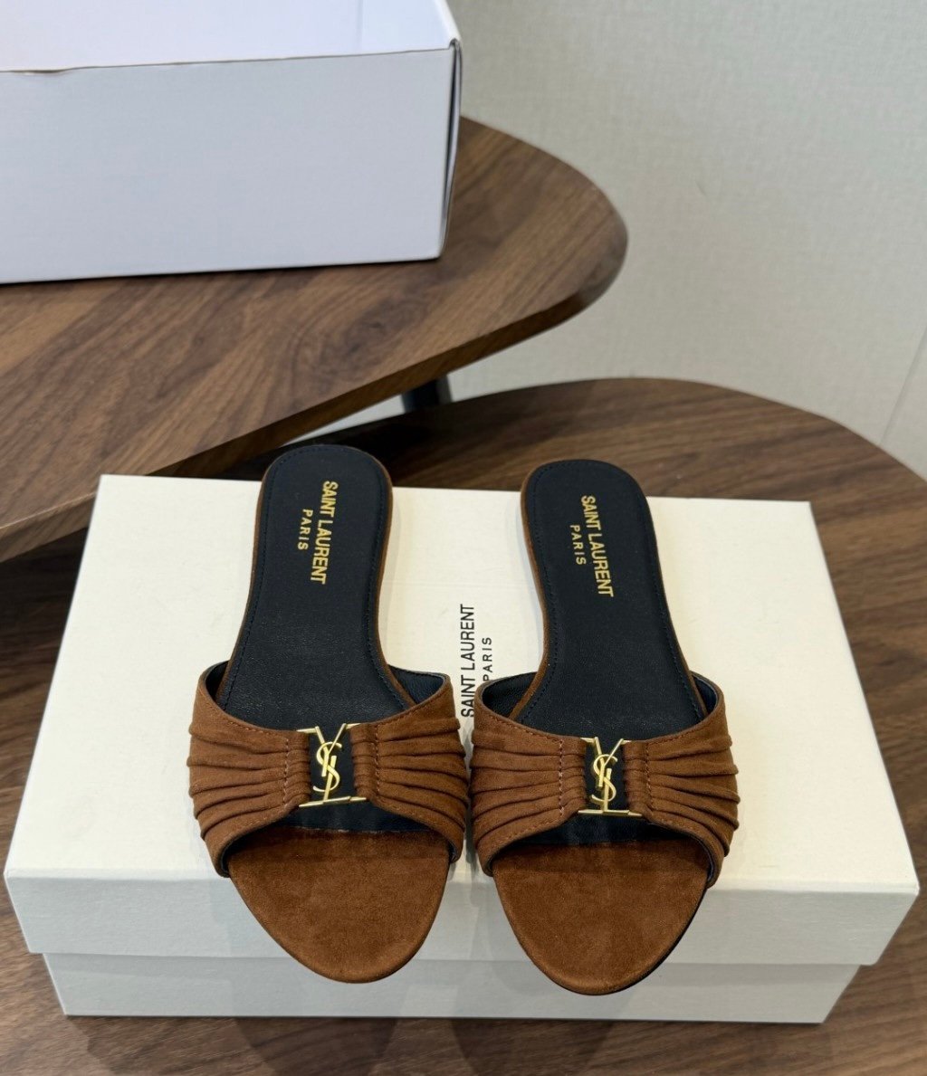 YSL Babylone Slide Sandals in Brown Suede