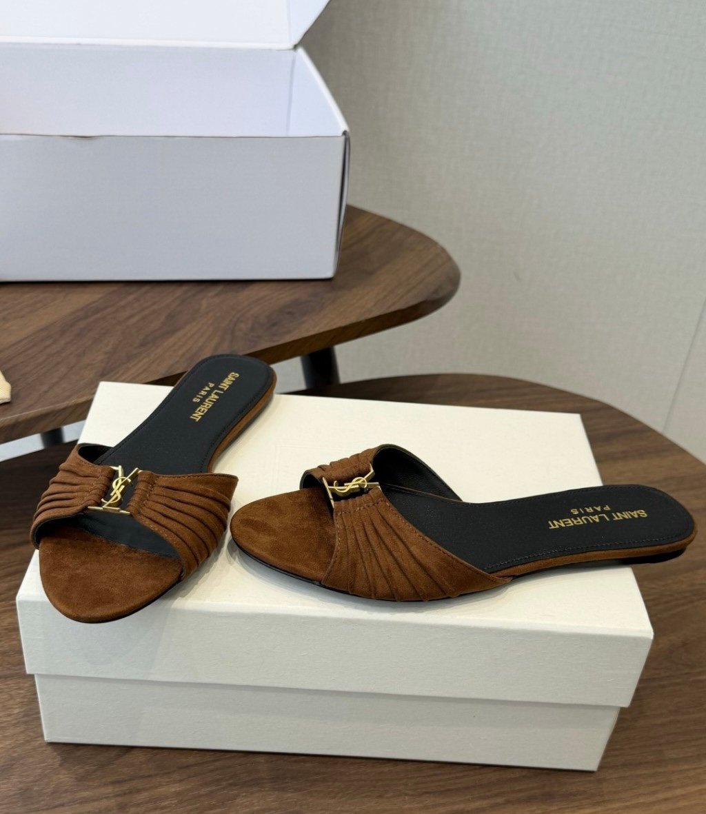 YSL Babylone Slide Sandals in Brown Suede - Afbeelding 2