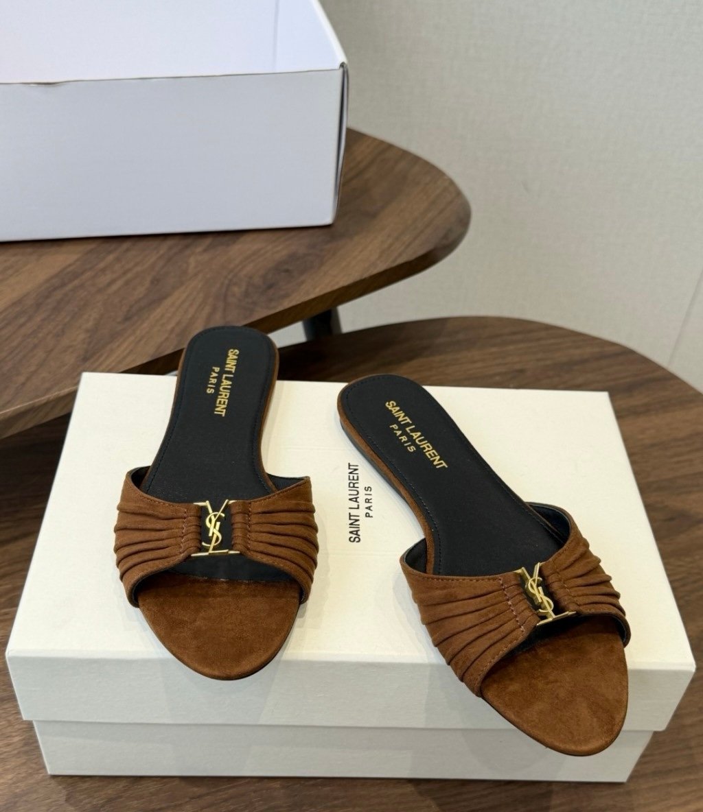 YSL Babylone Slide Sandals in Brown Suede - Afbeelding 3