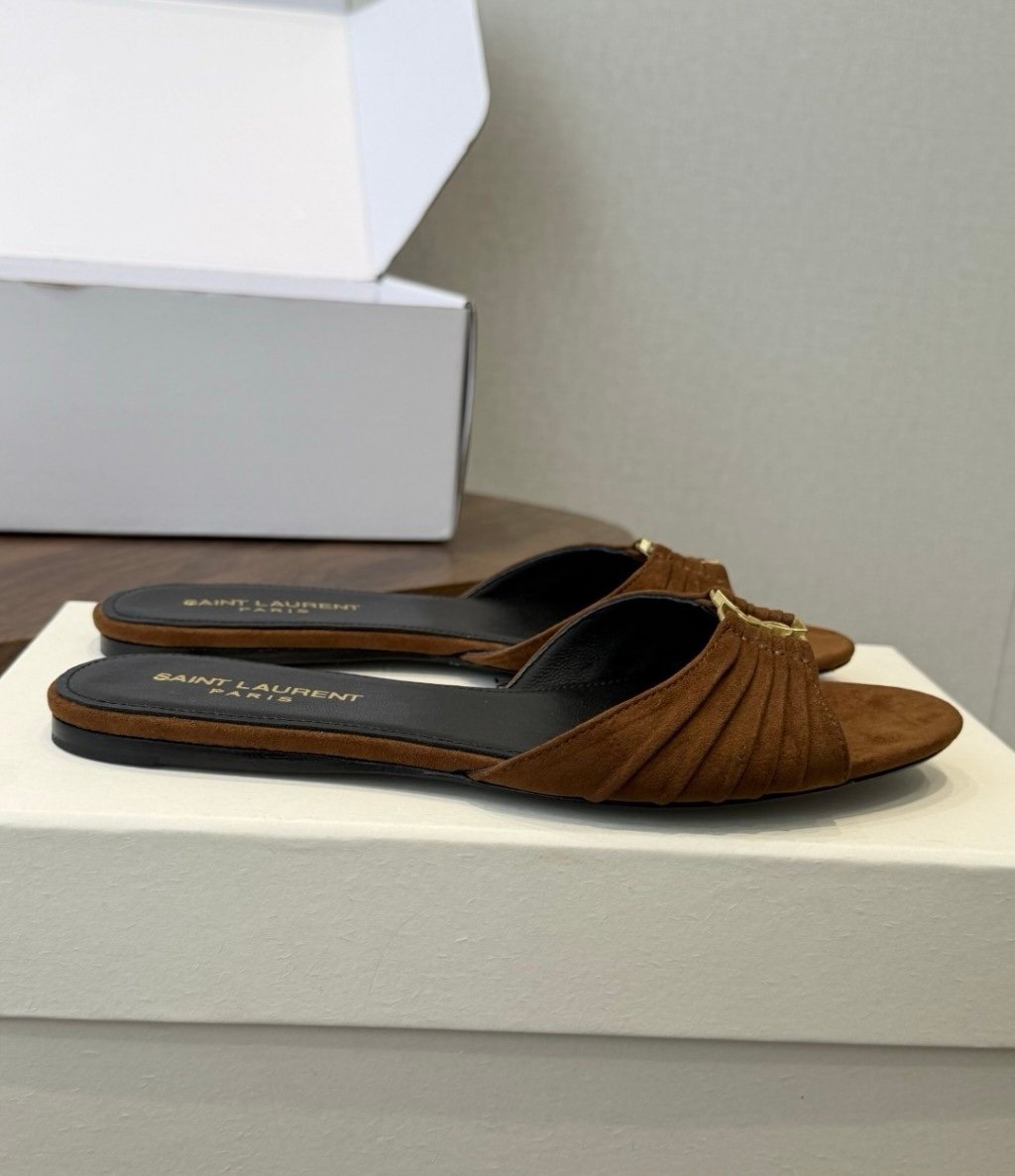 YSL Babylone Slide Sandals in Brown Suede - Afbeelding 4