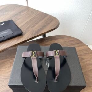 YSL Babylone Thong Sandals in Dark Brown Gold