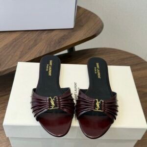 YSL Babylone Slide Sandals in Burgundy Gold