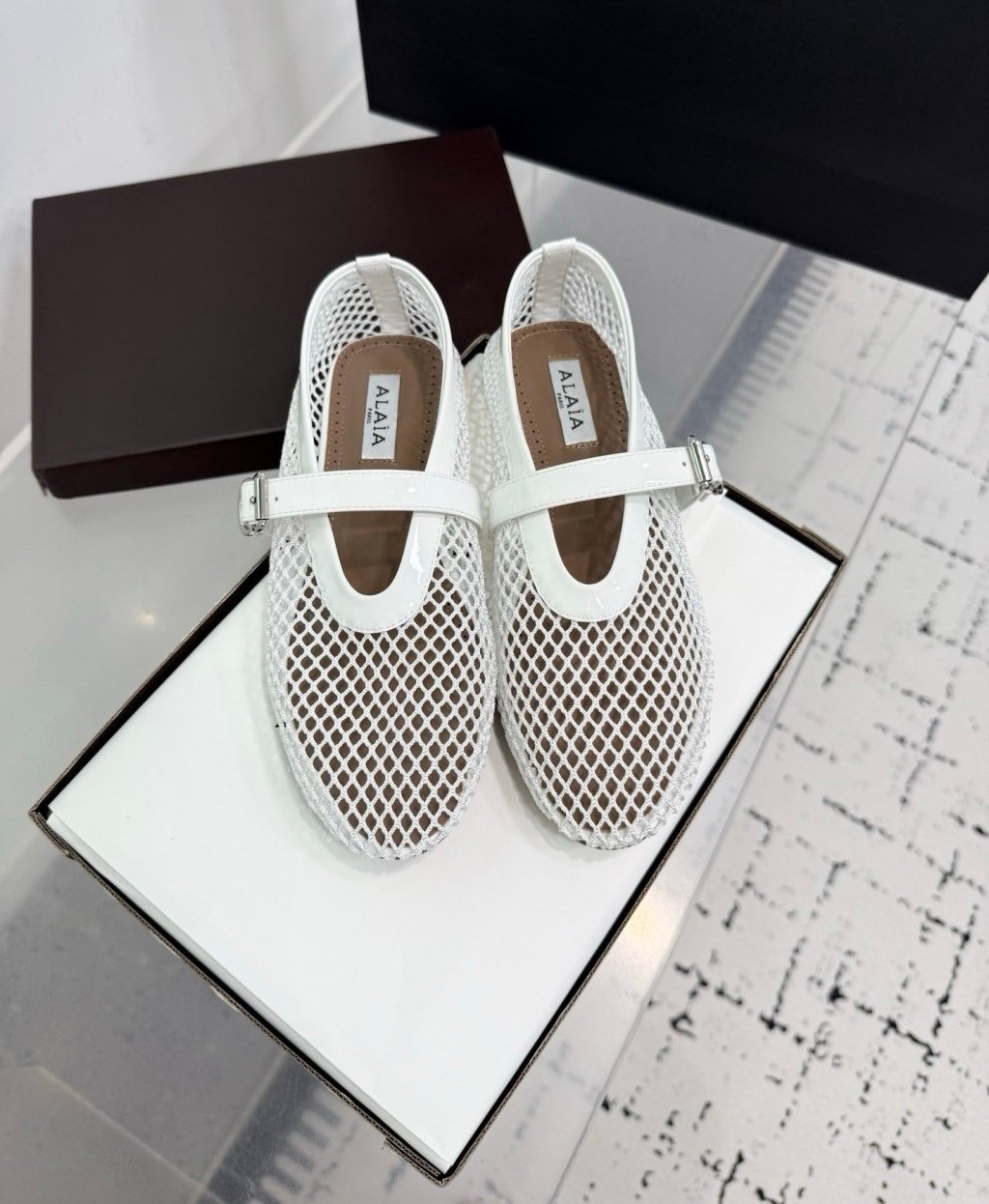 Alaia Fishnet Ballerinas in White