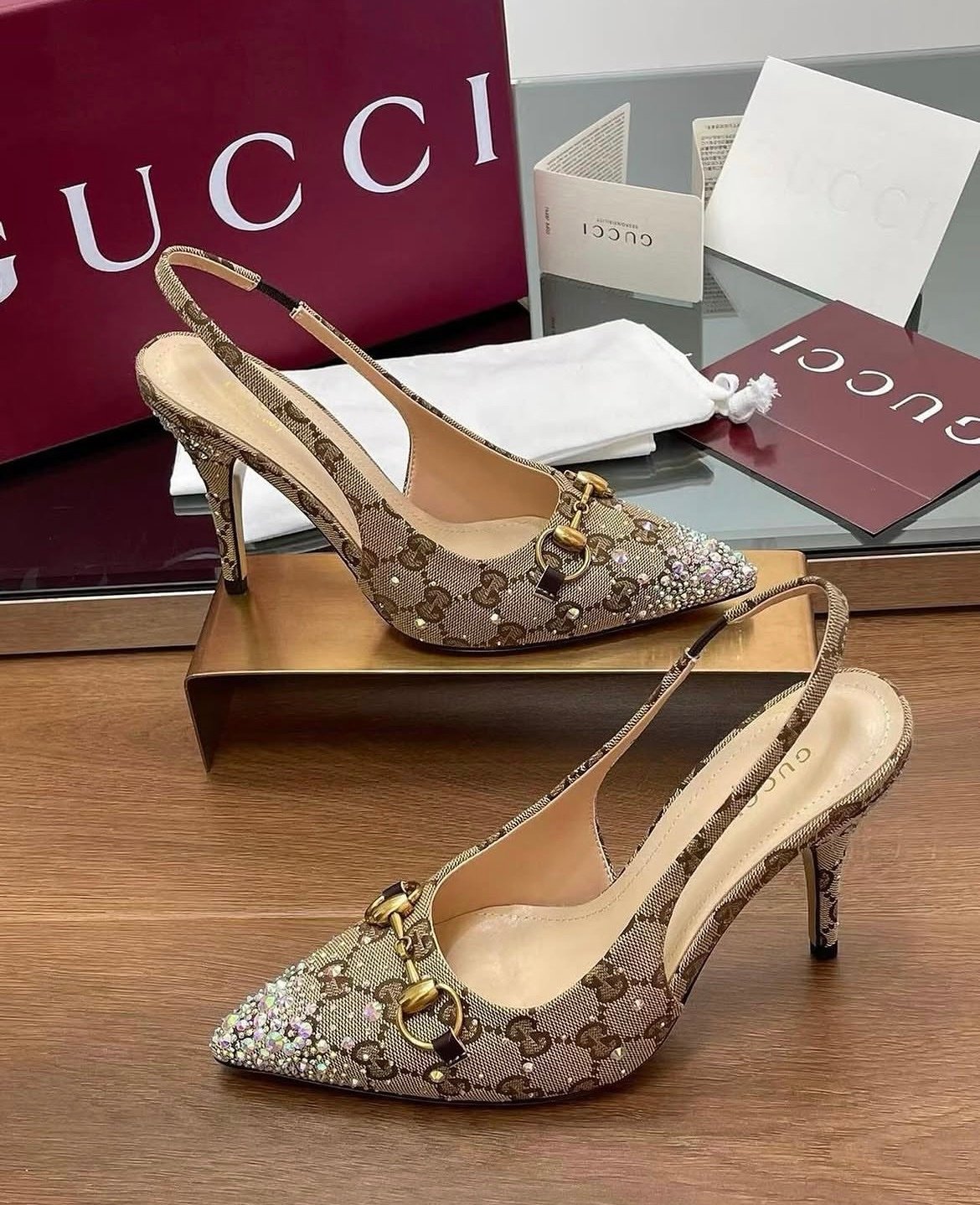 Gucci Crystal Slingback Pumps in Brown