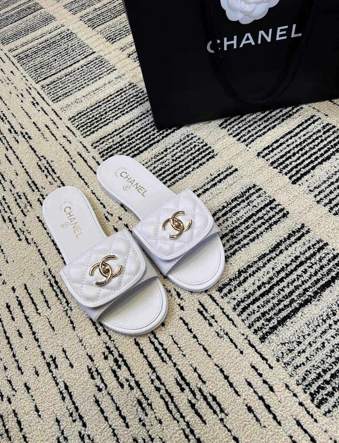 Chanel Slide Sandals in White Gold