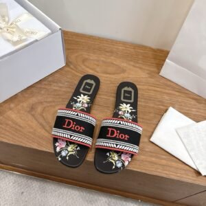 Dior Flat Slide Sandals in Black Pink Logo