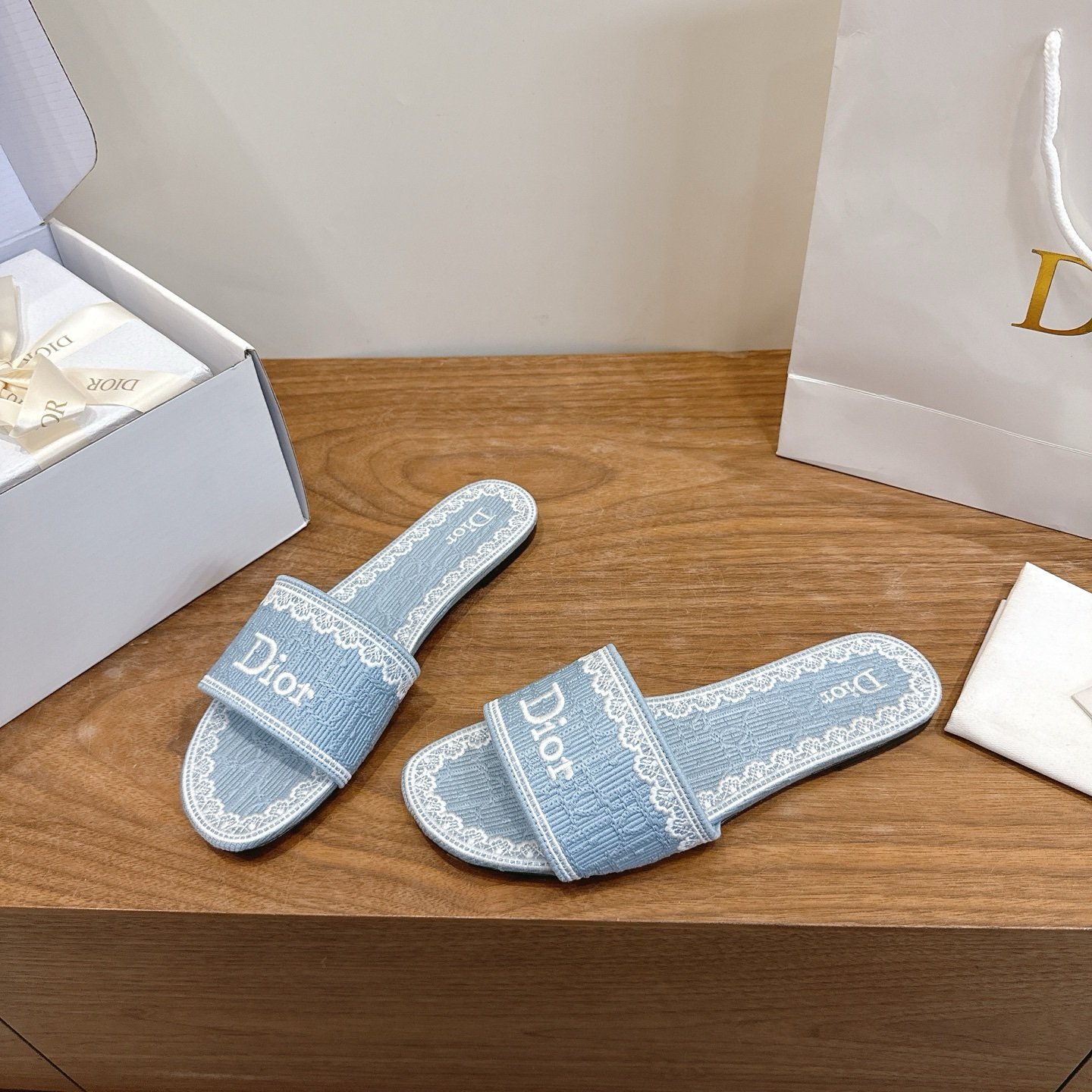 Dior Flat Slide Sandals in Blue White Logo - Afbeelding 10