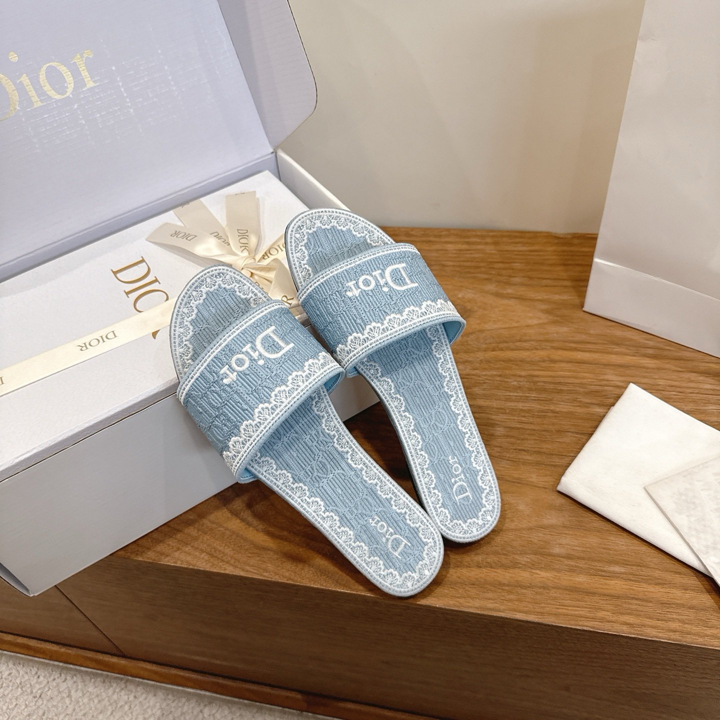 Dior Flat Slide Sandals in Blue White Logo - Afbeelding 13
