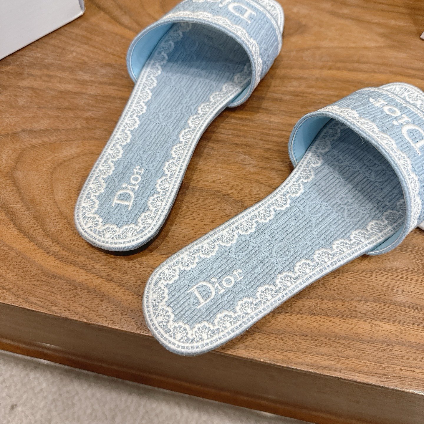 Dior Flat Slide Sandals in Blue White Logo - Afbeelding 14
