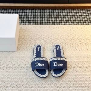 Dior Flat Slide Sandals in Dark Blue Logo