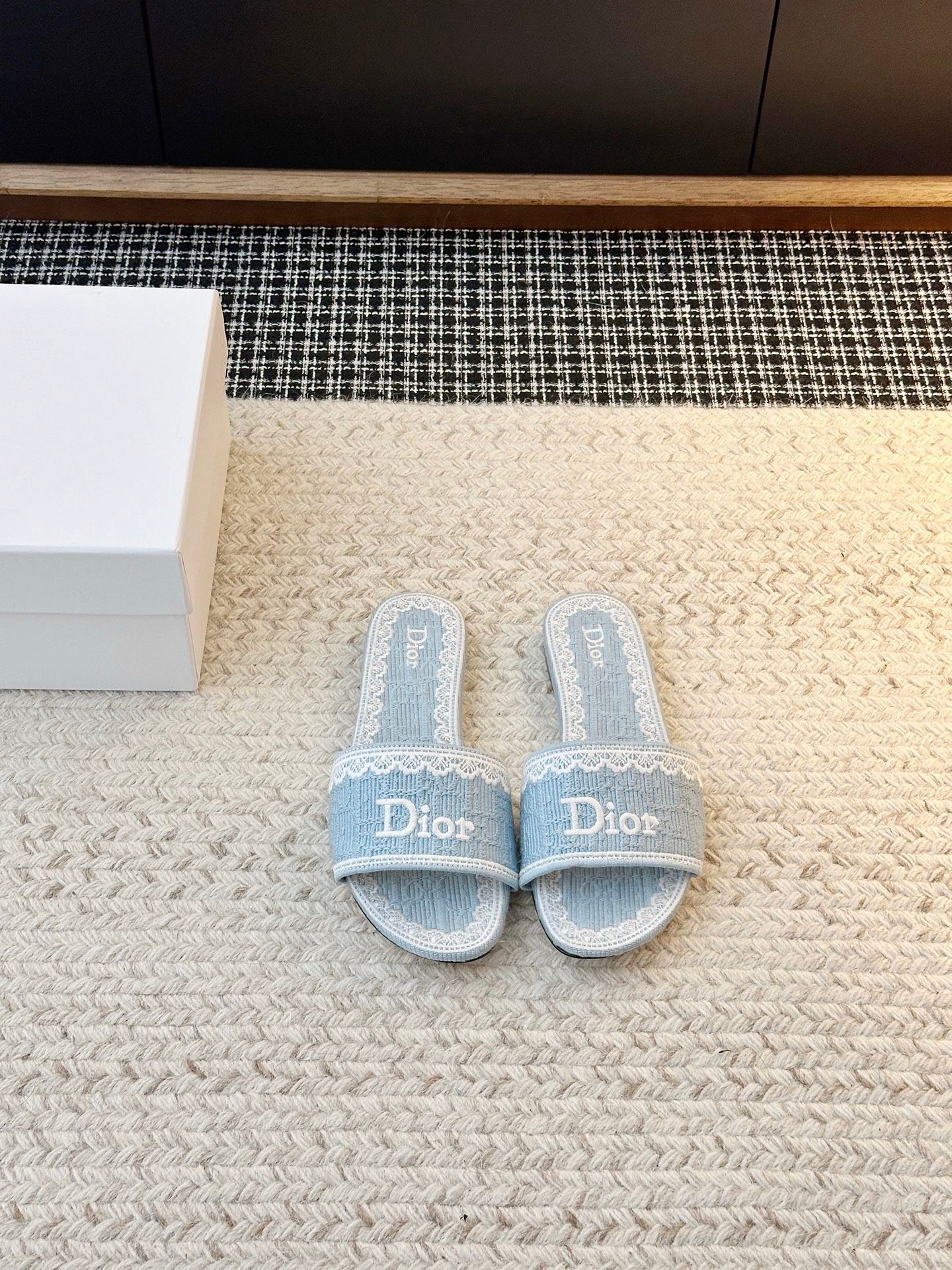 Dior Flat Slide Sandals in Blue White Logo
