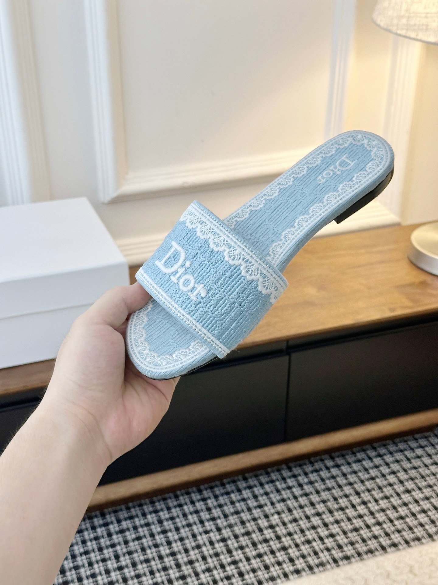 Dior Flat Slide Sandals in Blue White Logo - Afbeelding 7