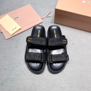 Miu Miu Raffia Sandals in Black Gold
