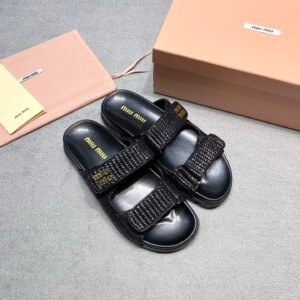 Alternative view of Miu Miu Raffia Sandals in Black Gold