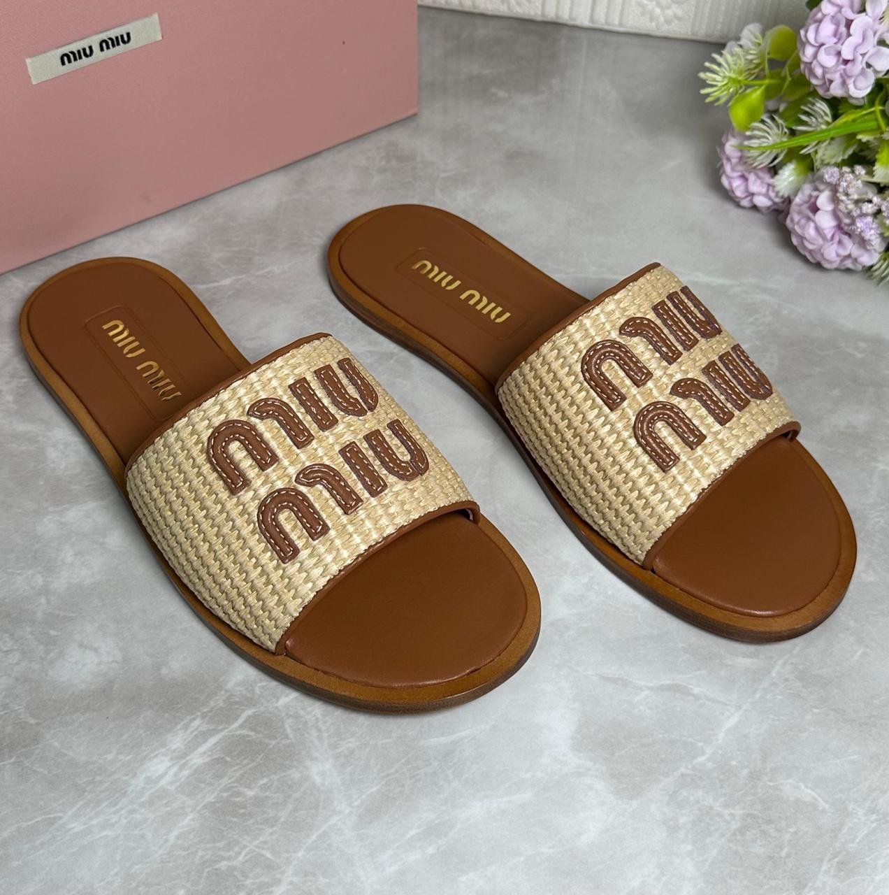 Miu Miu Raffia Sandals Beige Brown