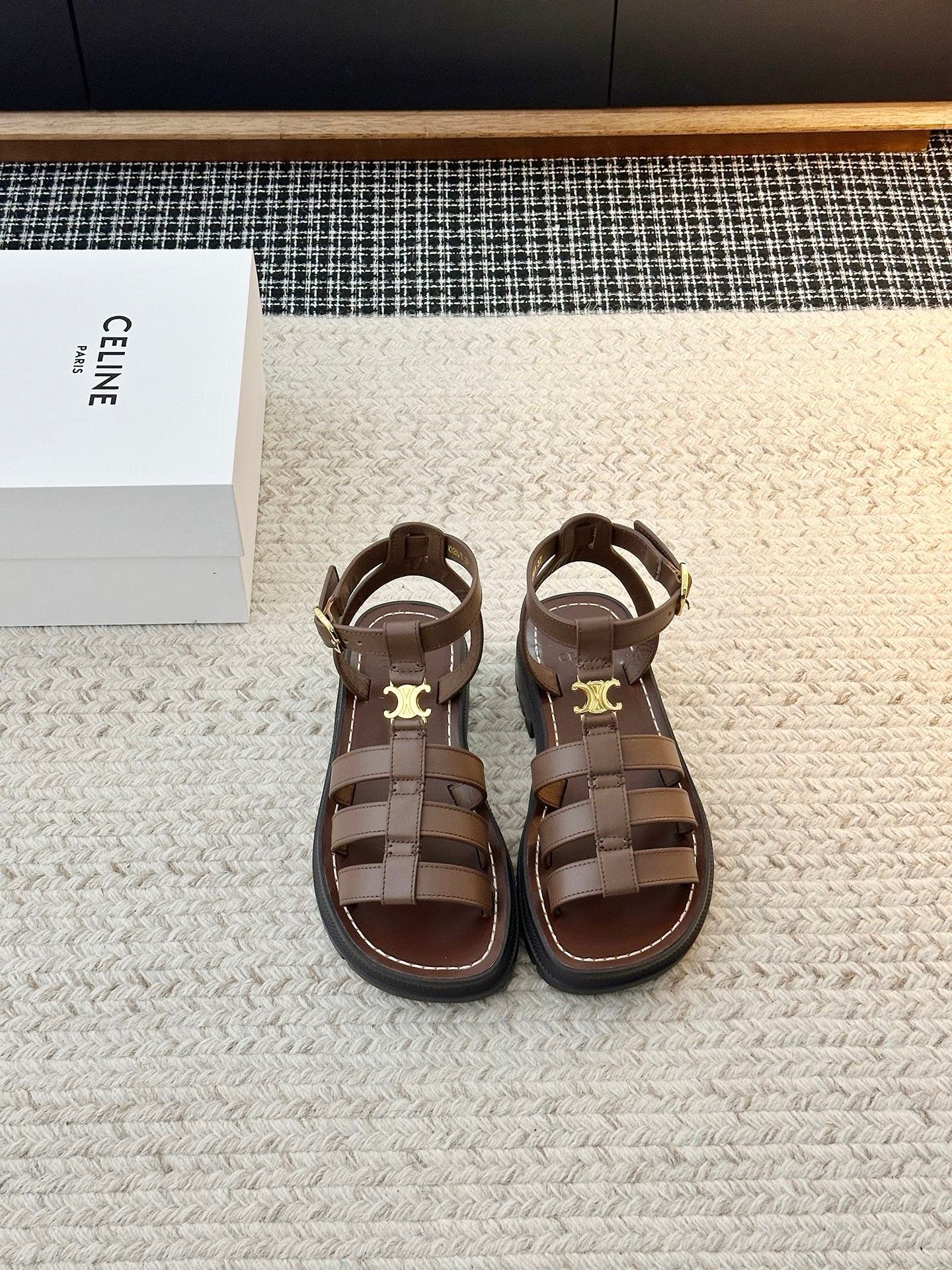 Celine Clea Triomphe Gladiator Sandals in Dark Brown