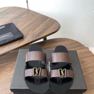 YSL Babylone Slide Sandals in Dark Brown