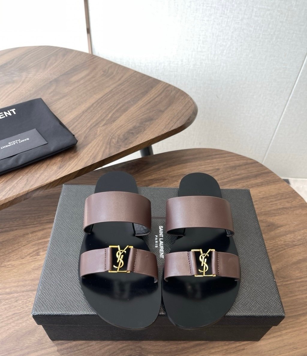 YSL Babylone Slide Sandals in Dark Brown