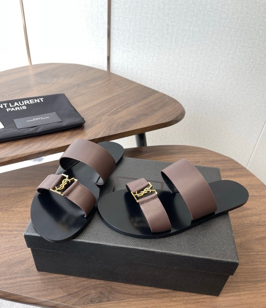 YSL Babylone Slide Sandals in Dark Brown - Afbeelding 4
