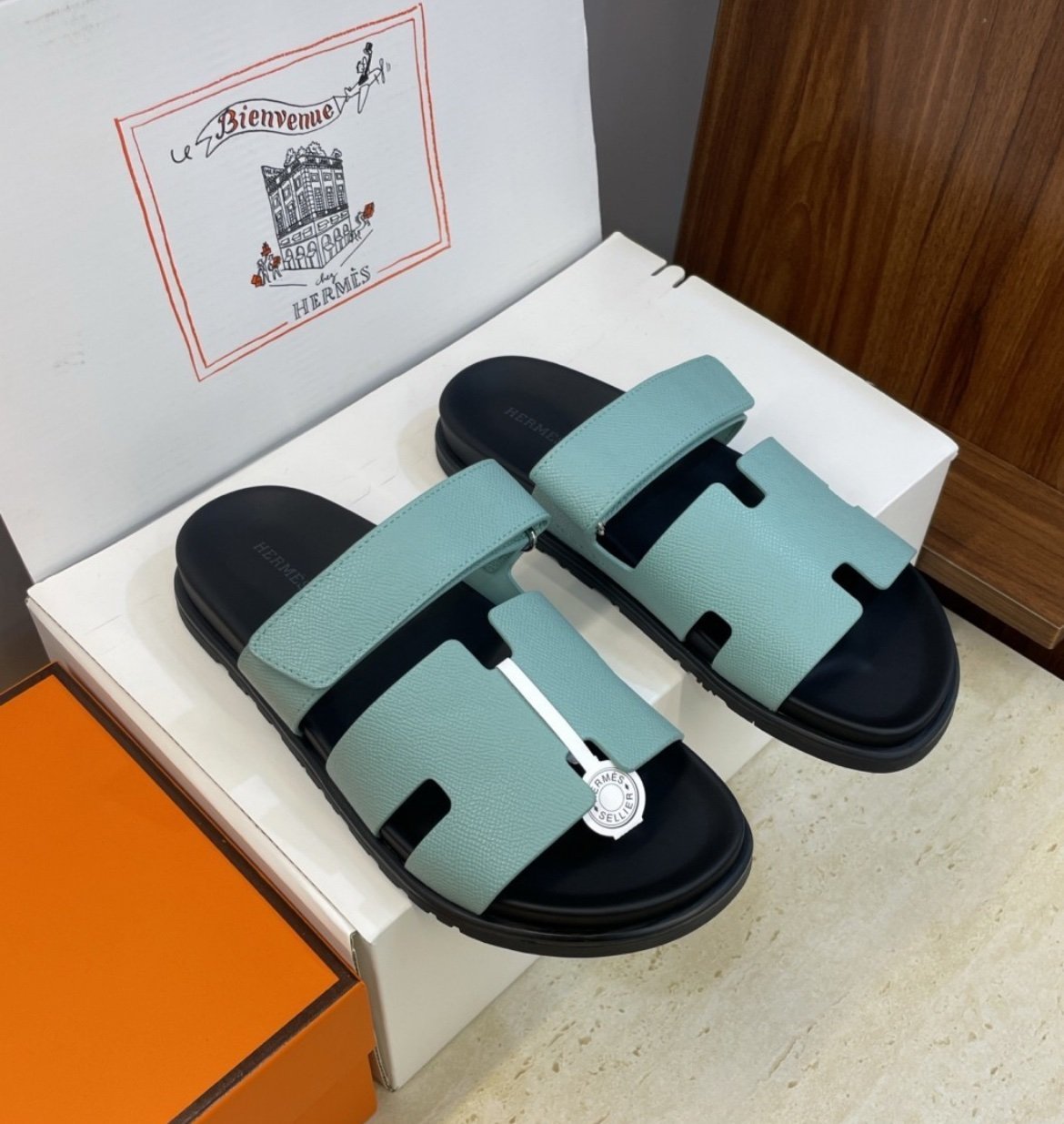 Hermes Paris Chypre Calfskin Mint Bleu Cristaux - Afbeelding 3