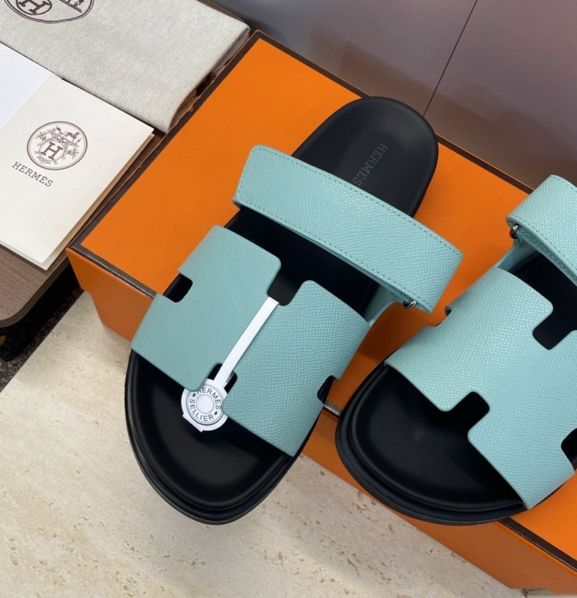 Hermes Paris Chypre Calfskin Mint Bleu Cristaux - Afbeelding 5