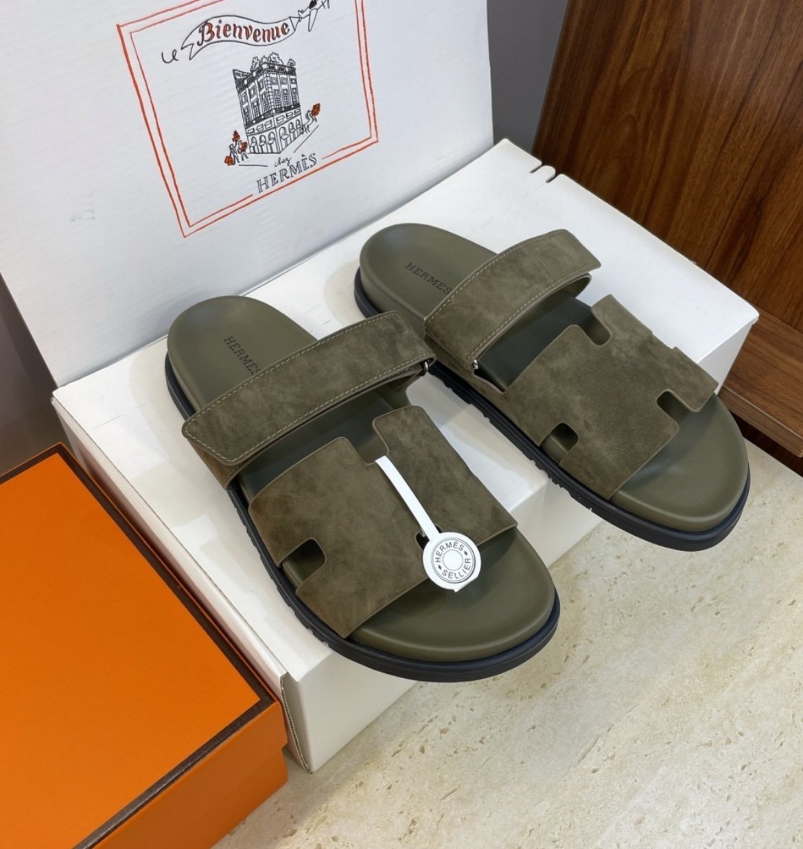 Hermes Paris Chypre Suede Sandals Vert Toundra Doblis - Afbeelding 3