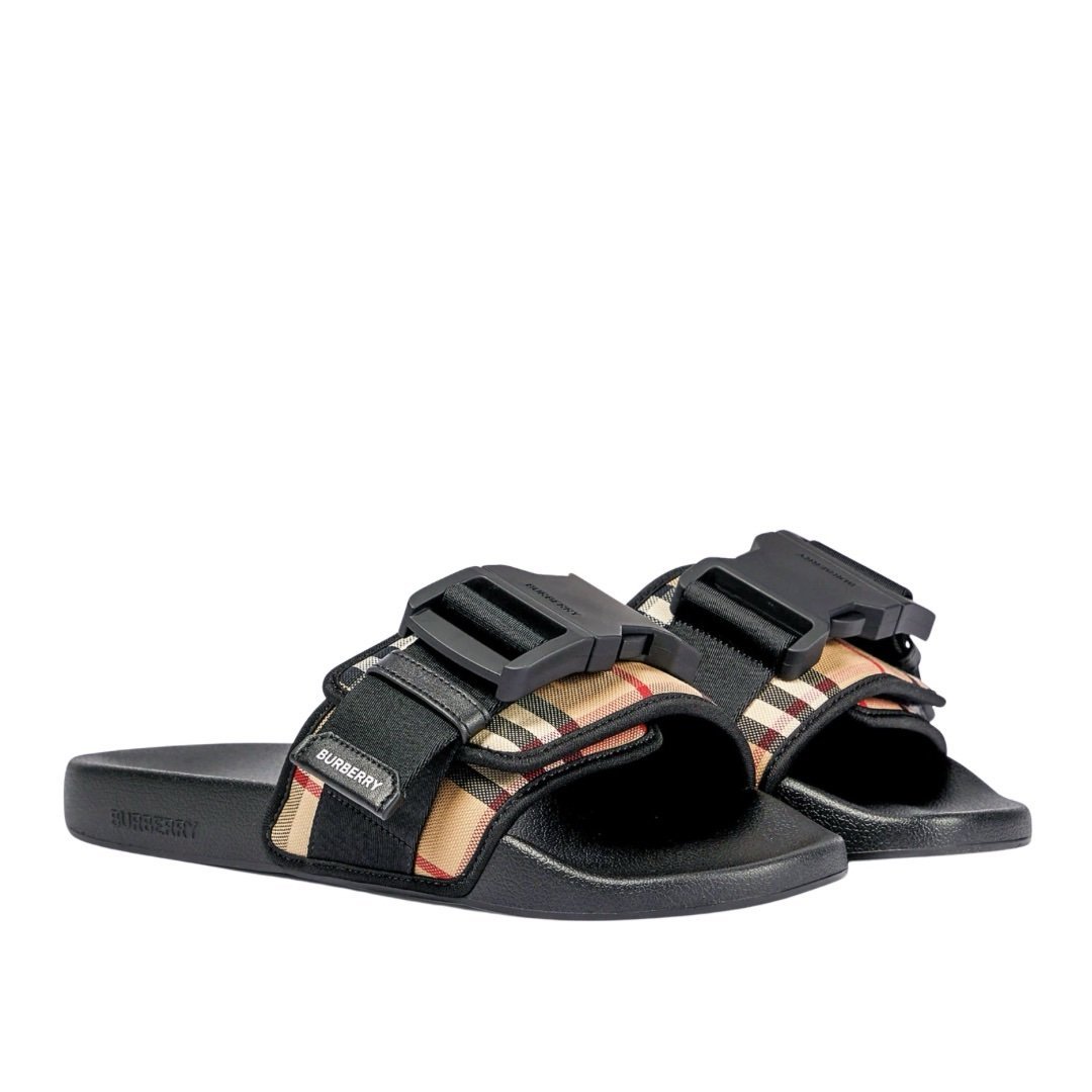 Burberry Check Black Buckled Strap Slide Beige
